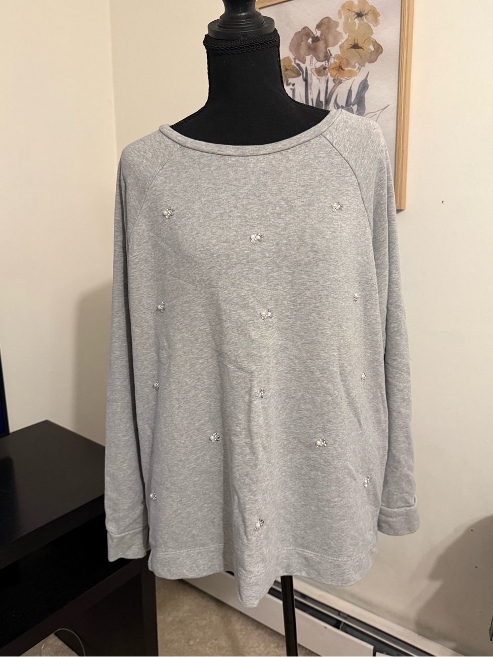 LOFT XL Gray Pearl Rhinestone Embellished Sweatshirt Top